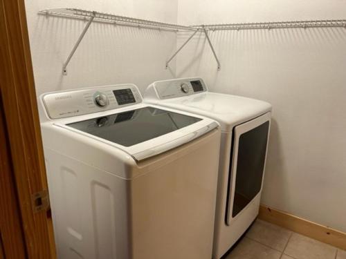 a washer and dryer sitting in a room at Large Modern Driggs Home with Game Room and Jacuzzi! in Driggs