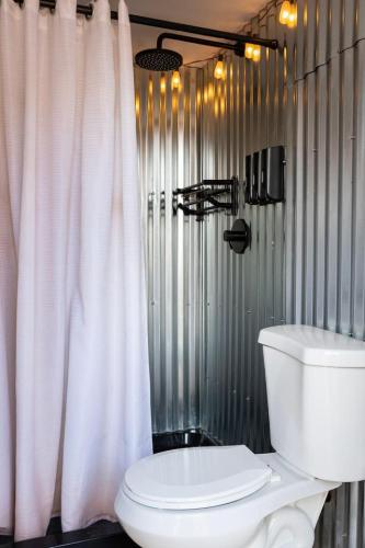 a bathroom with a toilet and a shower curtain at The Caves at Moab - At Private Riverside Ranch in Moab