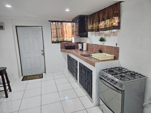 a small kitchen with a stove and a sink at LADVILLE Apartment near Kingstown #1 in Kingstown