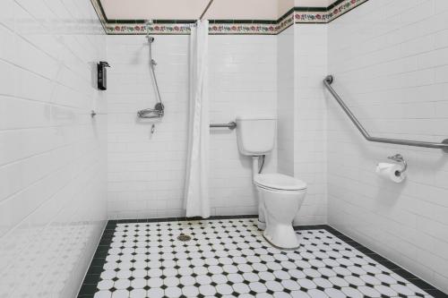 a white bathroom with a toilet and a shower at Palais Royale in Katoomba
