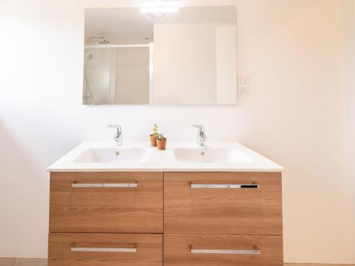 a bathroom with a sink and a mirror at Charming House in Hautefort with Pool & Nature in Hautefort
