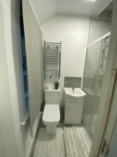 a white bathroom with a toilet and a sink at Heathrow Close Comfort Room in Stanwell