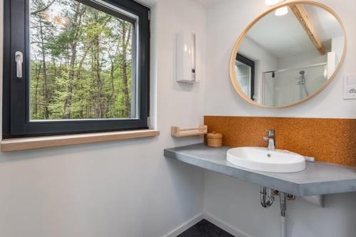 a bathroom with a sink and a mirror at Holiday Home by Lake Wise ka near Baltic Beach in Wisełka