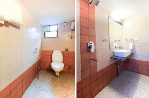two pictures of a bathroom with a toilet and a sink at Aqua City Hotel in Panjim in Panaji