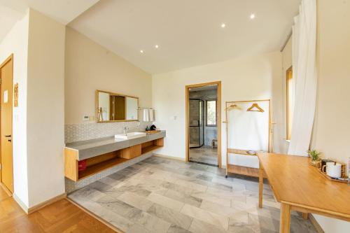 a bathroom with a sink and a counter at Anji Bamboo Homestay in Tangkou