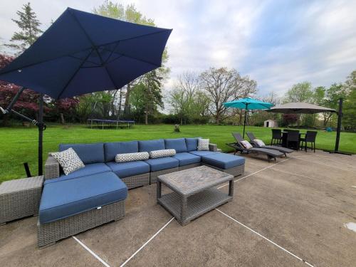a patio with a blue couch and an umbrella at Bridle Pool House in Lansdale