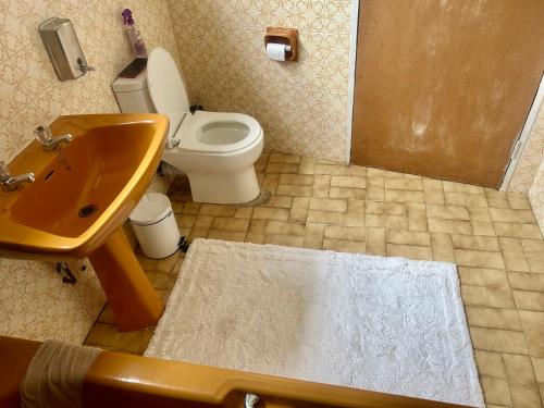 a bathroom with a white toilet and a sink at SapzRes at Klerksdorp in Klerksdorp