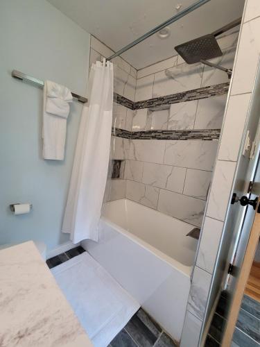 a bathroom with a shower with a bath tub at Bridle Pool House in Lansdale