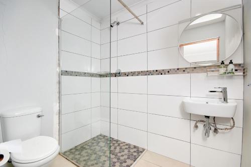 a bathroom with a shower and a toilet and a sink at Private, Cosy and Stylish Stay at Nest24 Evans Park in Johannesburg