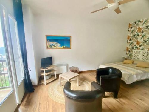 - un salon avec un lit, des chaises et une télévision dans l'établissement Charmant studio 3* avec balcon et wifi proche des thermes - FR-1-703-210, à Amélie-les-Bains-Palalda