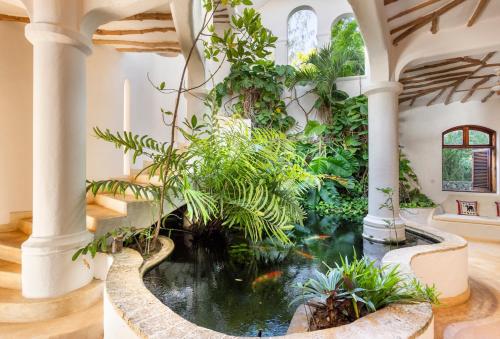 an indoor koi pond in a house with plants at Fig House in Takaungu