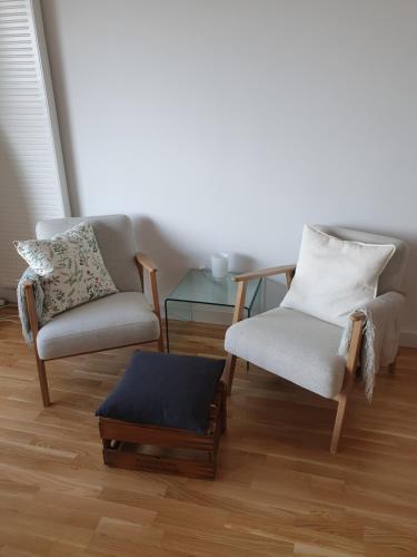 a living room with two chairs and a table at Quartier 706 mit Pool und Sauna in Lahnstein