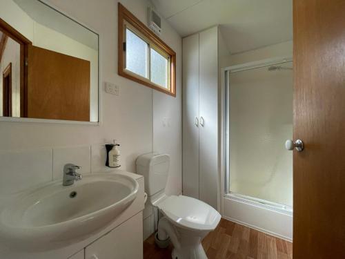a white bathroom with a sink and a toilet at BIG4 Yarra Valley Park Lane Holiday Park in Healesville