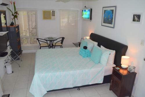 a bedroom with a bed with a blue comforter at South Pacific Bed & Breakfast in Clifton Beach