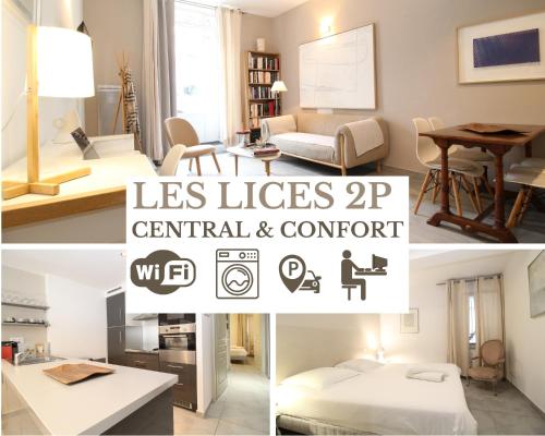 un collage de photos d'un salon dans l'établissement NOUVEAUTÉ 2025 - Les Lices 2-hypercentre-Proche gare-Wifi rapide-2p, à Avignon