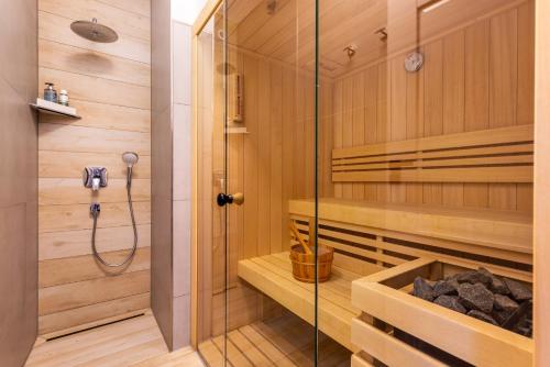 a sauna with wooden walls and a glass shower at Ferienhaus Elisa, Haus mit Kamin, Sauna, Terrasse in Dranske
