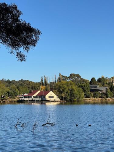 a lake with a house and ducks in the water at Luxury Evergreen Escape in Musk