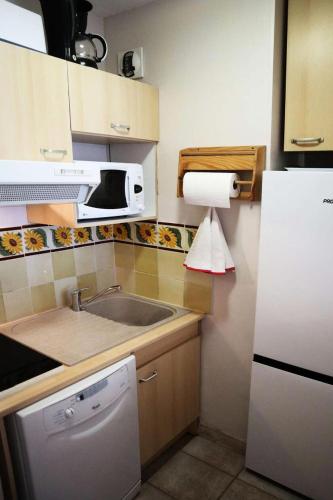 une cuisine avec un évier et un réfrigérateur blanc dans l'établissement Résidence Orr Des Neiges - GRAND APPARTEMENT 6 PERSONNES MAE-3954, à Le Mélézet