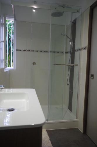 une salle de bain avec douche et lavabo dans l'établissement Studio entre mer et montagne, à Taglio-Isolaccio