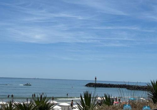 une plage avec des gens dans l'eau et une jetée dans l'établissement Studio Héliopolis F 74- 2 personnes, au Cap d'Agde
