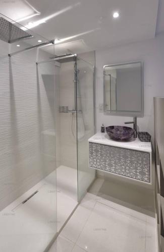 une salle de bain avec une douche en verre et un lavabo dans l'établissement Studio LIBERTINE - Héliopolis L 82 - Luxe - 2 personnes, au Cap d'Agde