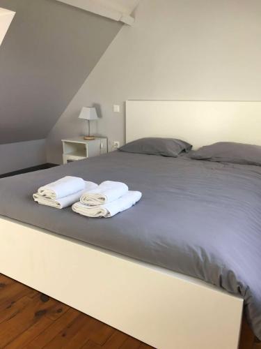 une chambre avec un lit avec des serviettes dessus dans l'établissement Maison Digard CHERBOURG, à Cherbourg en Cotentin
