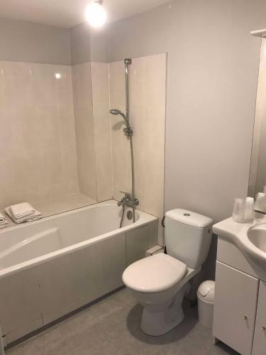 une salle de bain avec toilettes, baignoire et lavabo dans l'établissement Maison Digard CHERBOURG, à Cherbourg en Cotentin