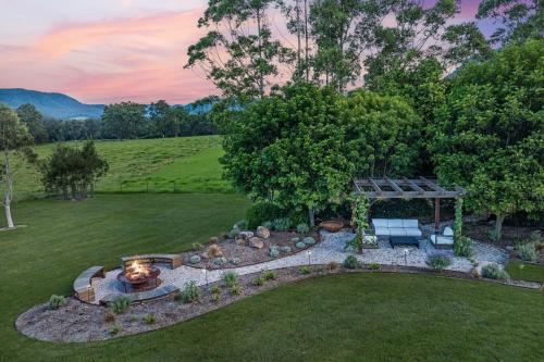 an aerial view of a garden with a fire pit at Serendipity, Kangaroo Valley in Barrengarry