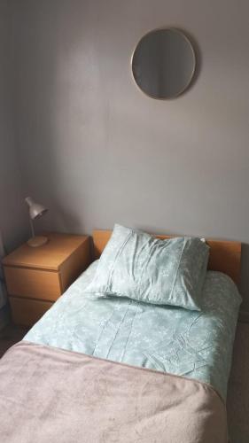 une chambre avec un lit avec un miroir au mur dans l'établissement Chambre Green, à Dunkerque