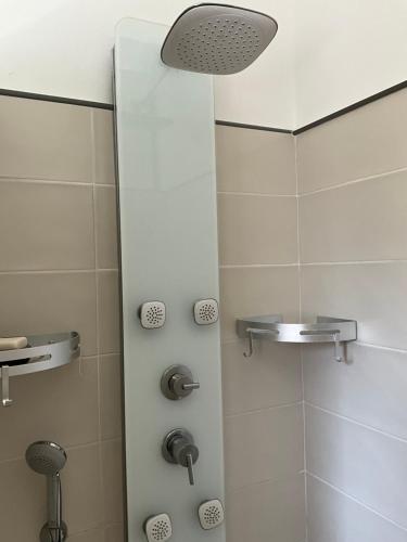 a bathroom with a shower with a shower head at Le petit bastidon gîte à Oppède avec piscine in Oppède
