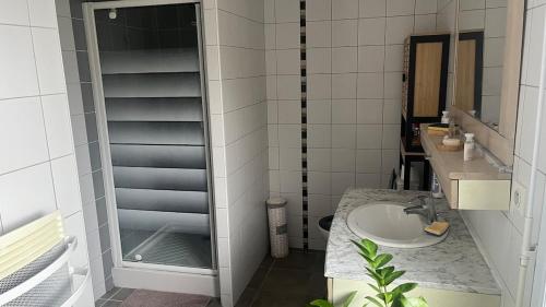 une salle de bain avec un lavabo et une douche en verre dans l'établissement Maison agréable de 51 m2, à Cuts