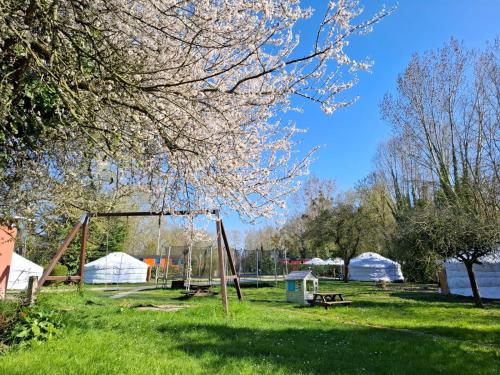 a park with tents and a swing set in the grass at Le Village Insolite yourte et roulotte in Saint-Benoît-des-Ondes