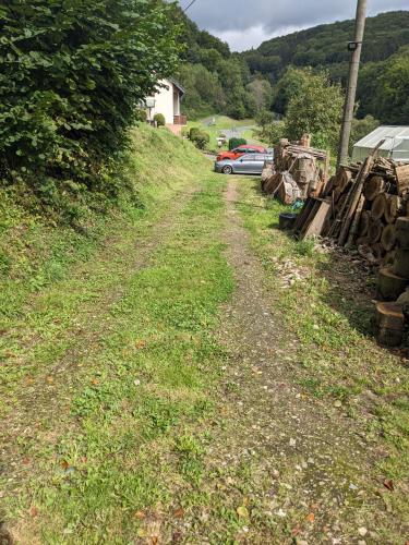 a dirt road with a car parked on a hill at Kleine Wohnung am waldrand in Baustert