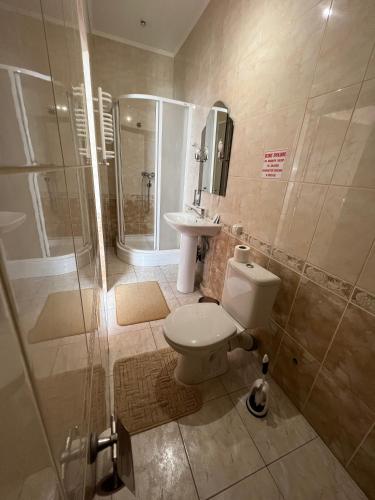 a bathroom with a toilet and a shower and a sink at Sava Dream in Zhytomyr