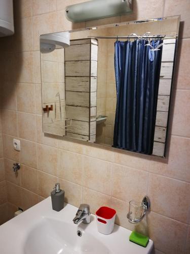 a bathroom sink with a mirror and a blue shower curtain at Apartments Luna in Žuljana