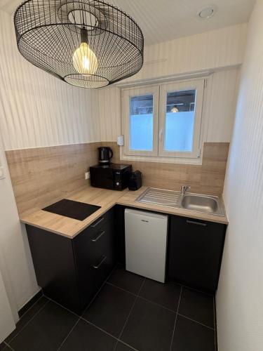 une petite cuisine avec un évier et un micro-ondes dans l'établissement Appartement proche Strasbourg Centre 7 min gare, à Strasbourg
