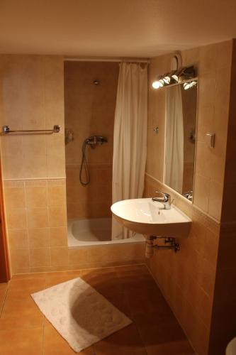 a bathroom with a sink and a shower and a tub at Apartament Stara Kamienica in Kętrzyn