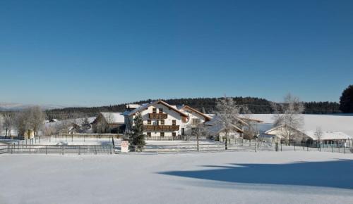 a house in the snow next to a field at Ferienhof "Schoppa-Haisl" in Sonnen