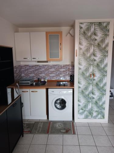 une cuisine avec un lave-linge et un lave-linge dans l'établissement Appartement vue mer latéral, accès direct plage avec parking privé, au Barcarès