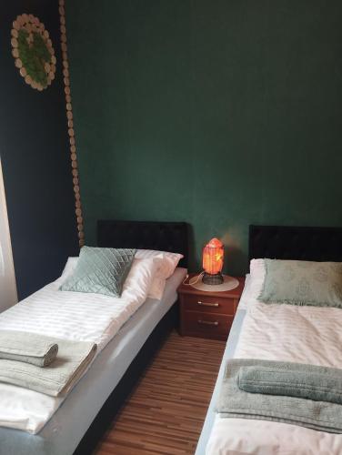 a bedroom with two beds and a lamp on a night stand at Zielona Łąka in Węgierska Górka