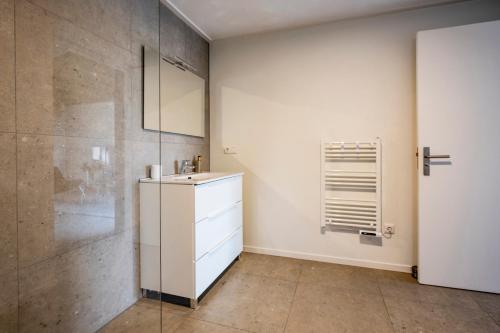 a bathroom with a sink and a shower at Dyk hûs in Moddergat