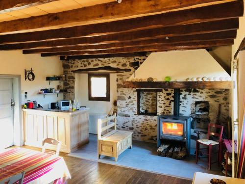 a living room with a fireplace and a stove at La Mariotte in Montredon