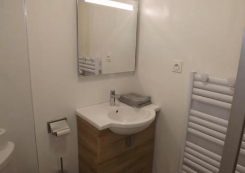 a white bathroom with a sink and a mirror at Gite 11 Escapade Nature au Puy Mary Gîte Chaleureux avec Vue Apaisante in Le Claux