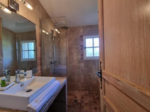 a bathroom with a sink and a shower at Les Garrigues de la Vallée des Baux in Paradou