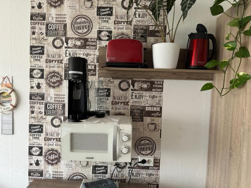 a microwave on a shelf with a wallpaper at Moderne und komfortable Appartements im Ferienpark Hahnenklee in Hahnenklee-Bockswiese