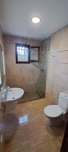 a bathroom with a toilet and a sink and a shower at Casa María in Vinarós