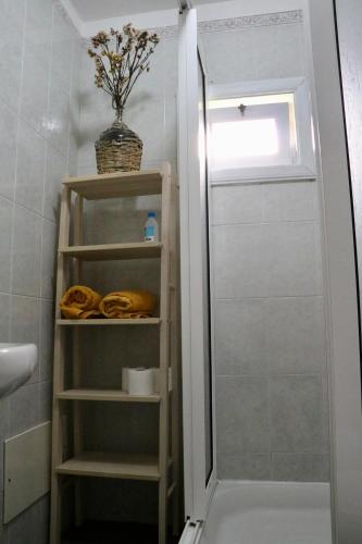 a shower with a glass door in a bathroom at Villa with Mountain view, São Vicente, Madeira in São Vicente