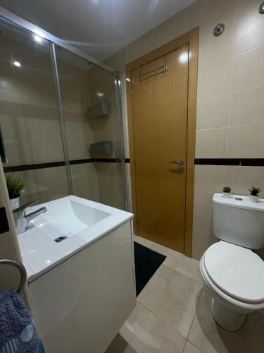 a bathroom with a toilet and a sink and a shower at Apartamento 3 habitaciones en la playa de Magic World , Oropesa del Mar in Cabanes
