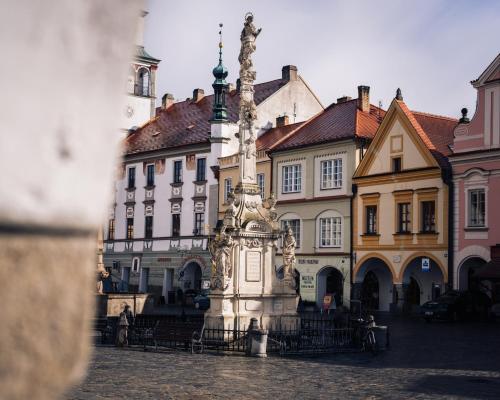 a statue in a square in front of buildings at Elzet penzion in Třeboň