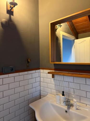 een badkamer met een wastafel en een spiegel bij La Casa Verde Butik Otel in Izmir